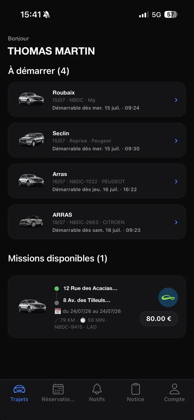 Écran Trajets de l'app Movicar : missions à démarrer et missions disponibles avec rémunération affichée